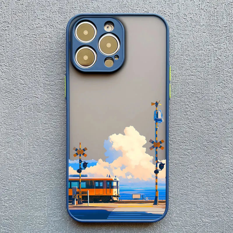 Landscape Cloud Tram Illustration iPhone Case – Soft Back Cover for iPhone 16 Pro Max, 15 Pro Max, 14 Pro Max