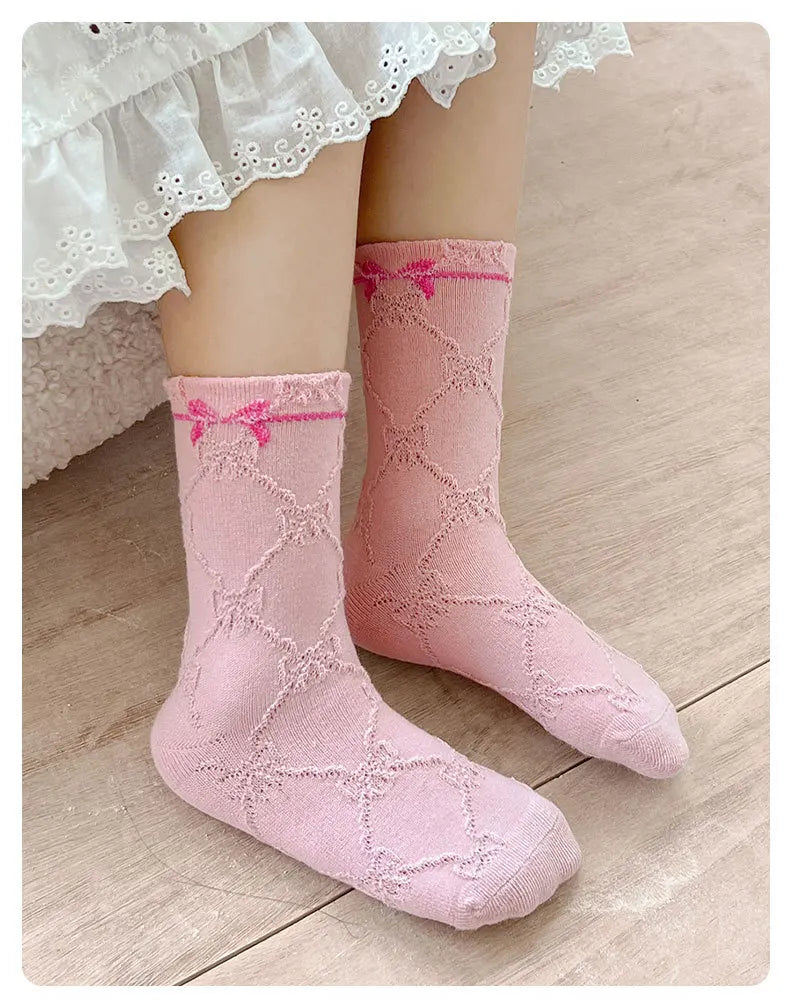 Spring Girls Socks Baby Sweet Rosy Bowknot Pattern Socks Cotton Socks Children Calf Socks Kids Socks 5 Pairs
