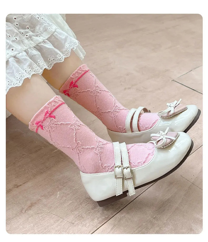 Spring Girls Socks Baby Sweet Rosy Bowknot Pattern Socks Cotton Socks Children Calf Socks Kids Socks 5 Pairs