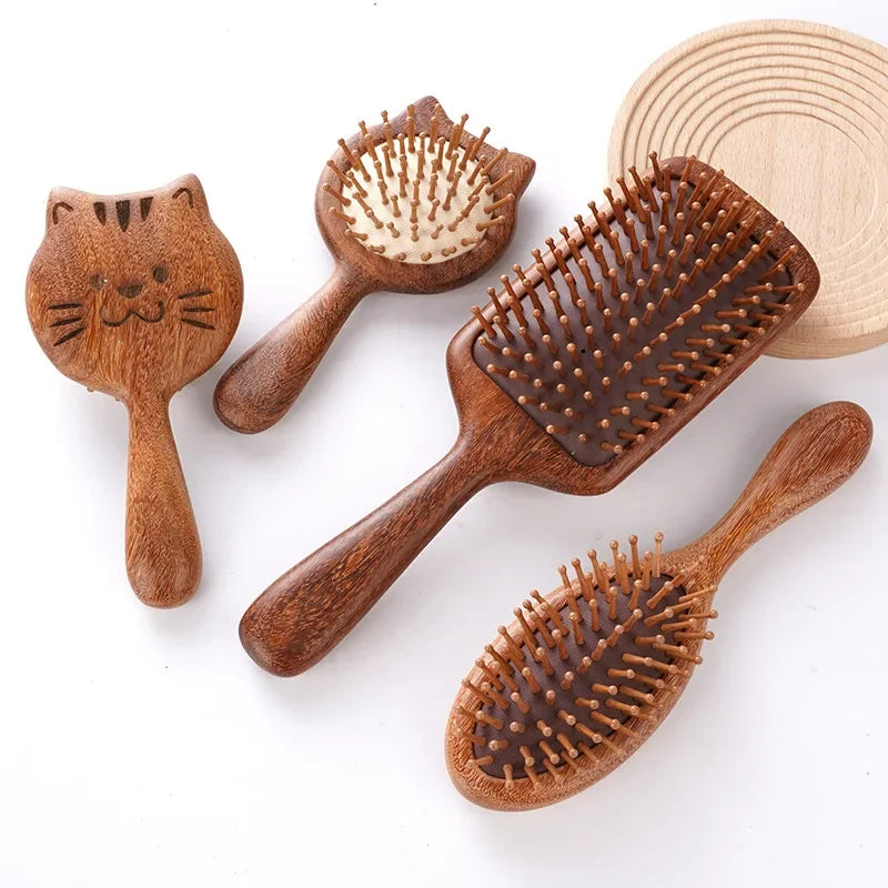 Cat Shaped Airbag Comb Golden Silk Sandalwood Handle round Handle Professional Hairdressing Salon Comb for Extensions And Wigs