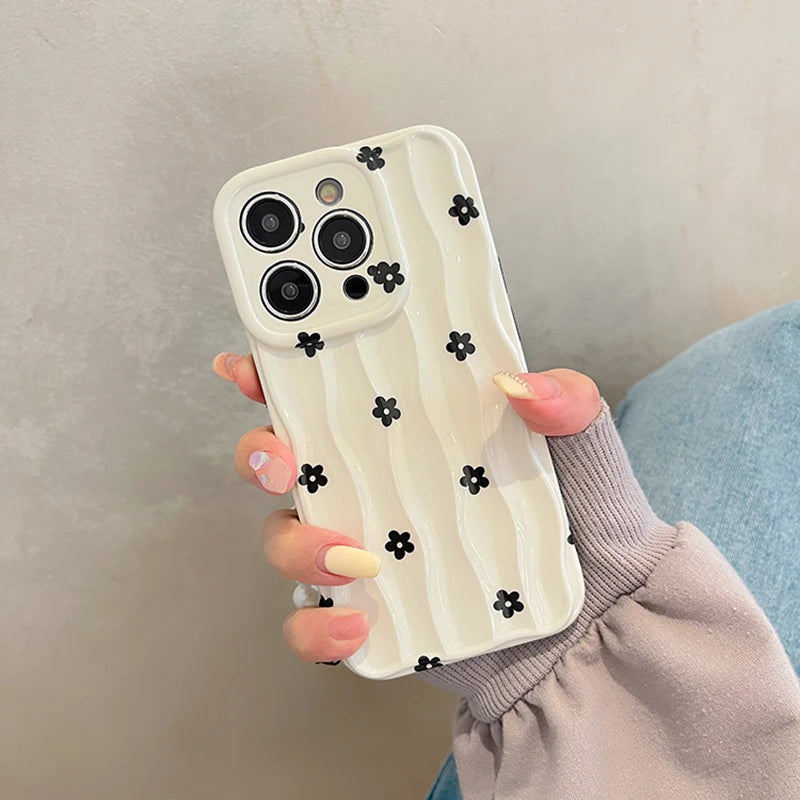 Black Floral 3D Wave iPhone Case – Soft Silicone White Bumper Cover for iPhone 13, 14, 15, 16, 11 Pro Max