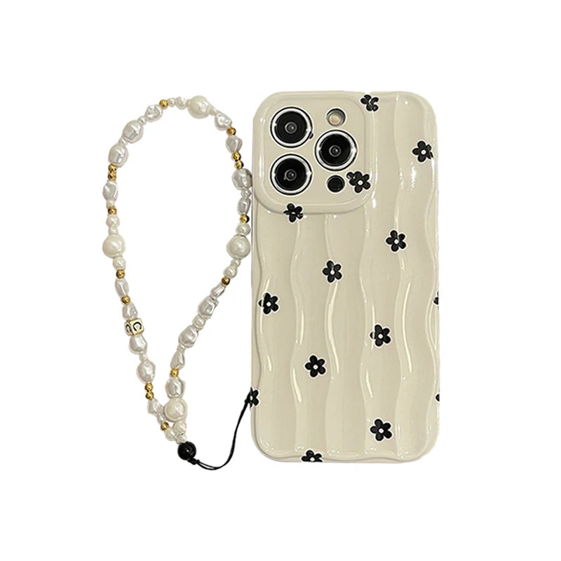 Black Floral 3D Wave iPhone Case – Soft Silicone White Bumper Cover for iPhone 13, 14, 15, 16, 11 Pro Max