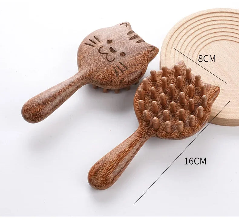 Cat Shaped Airbag Comb Golden Silk Sandalwood Handle round Handle Professional Hairdressing Salon Comb for Extensions And Wigs