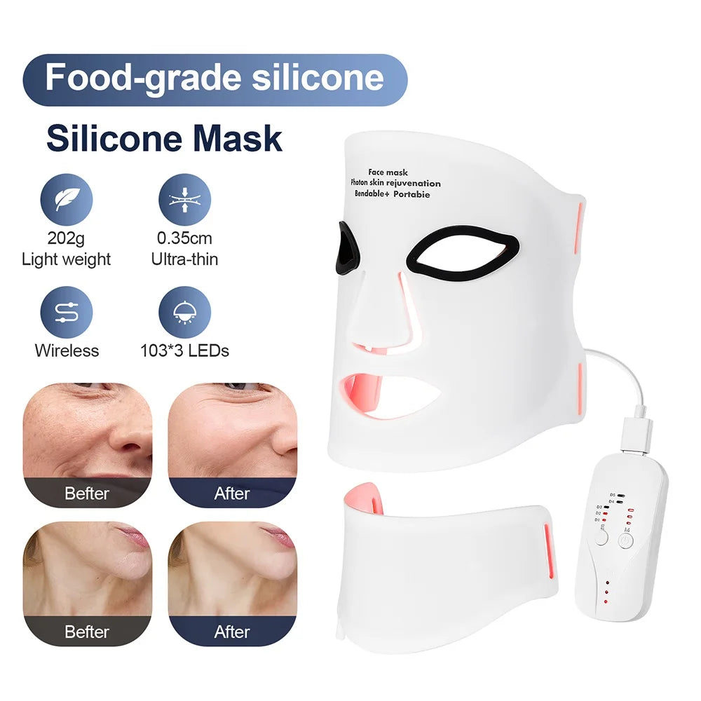Silicone LED Face & Neck Mask – 7-Color Photon Light & Infrared Therapy, Flexible Wireless Facial Mask for Skin Repair & Rejuvenation