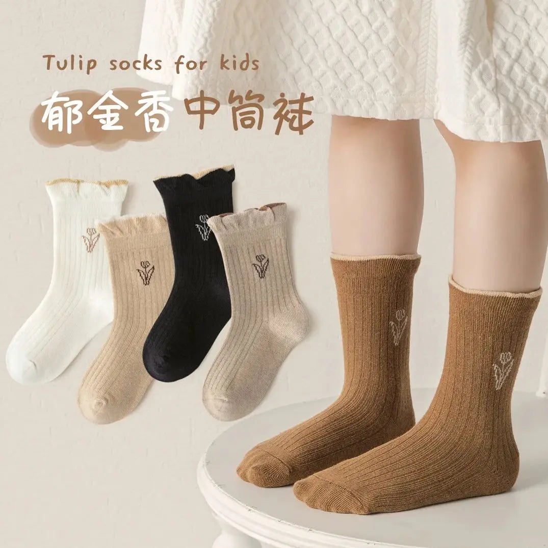 5 Pairs Autumn Socks Girls Floral Tulip Socks A Class Cotton Solid Socks Children Medium Length Spring Socks Baby Kids Socks