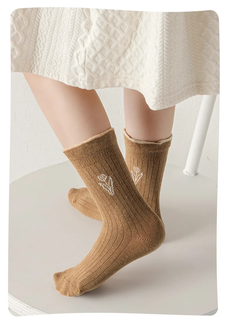 5 Pairs Autumn Socks Girls Floral Tulip Socks A Class Cotton Solid Socks Children Medium Length Spring Socks Baby Kids Socks