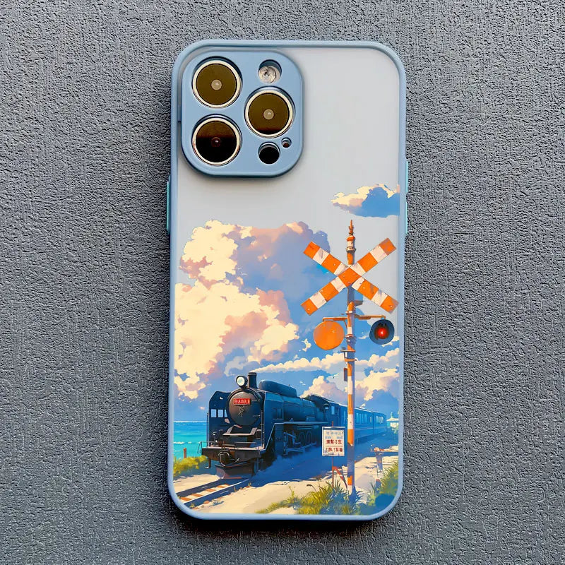 Landscape Cloud Tram Illustration iPhone Case – Soft Back Cover for iPhone 16 Pro Max, 15 Pro Max, 14 Pro Max