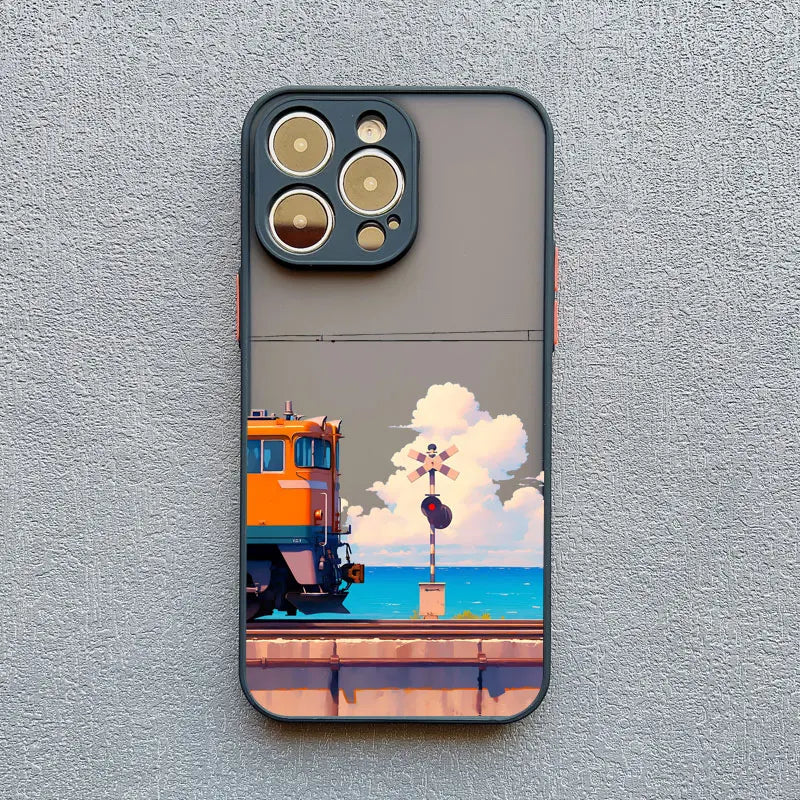 Landscape Cloud Tram Illustration iPhone Case – Soft Back Cover for iPhone 16 Pro Max, 15 Pro Max, 14 Pro Max