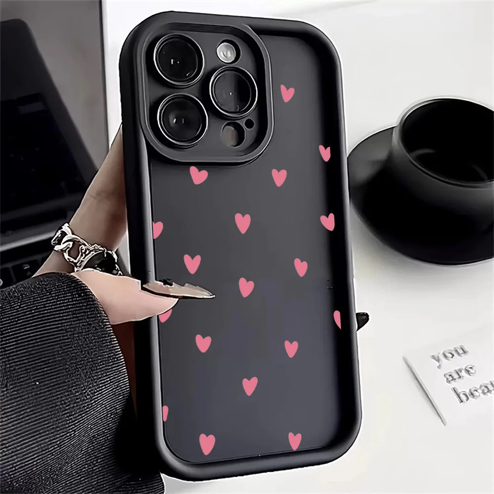 Luxury Black Love Heart Case for Xiaomi Redmi – Full Screen Soft Cover for Note 14, 13, 12, 11 Pro Plus, 5G, 12S, 11S, 10S, 14C, 13C, 12C