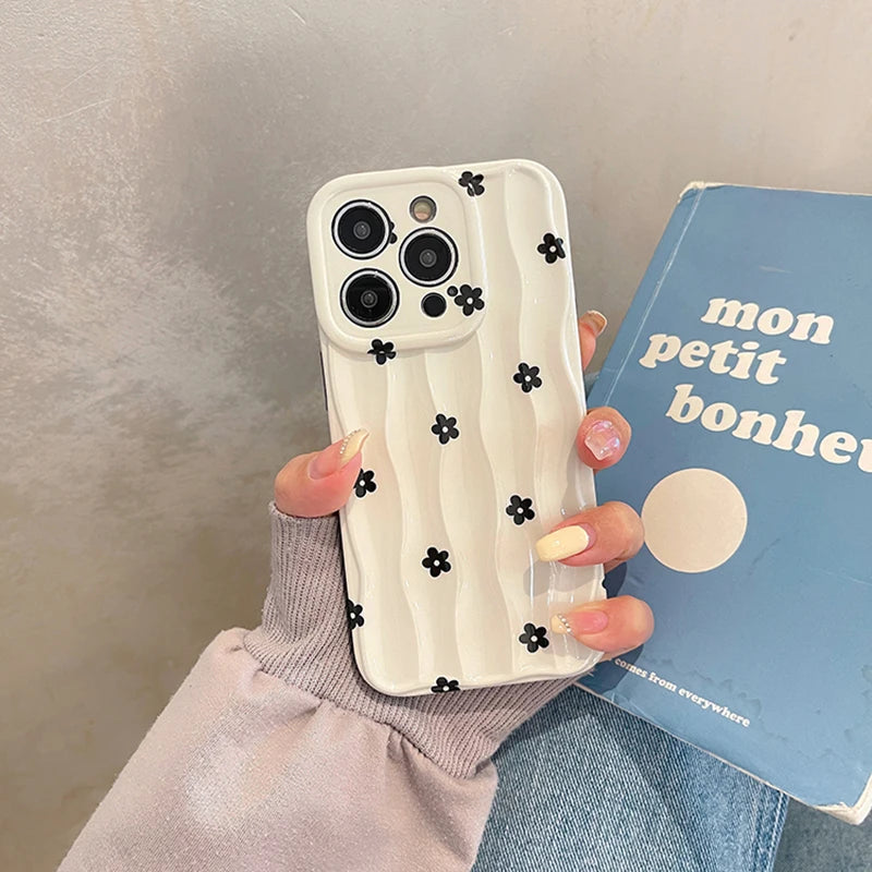 Black Floral 3D Wave iPhone Case – Soft Silicone White Bumper Cover for iPhone 13, 14, 15, 16, 11 Pro Max