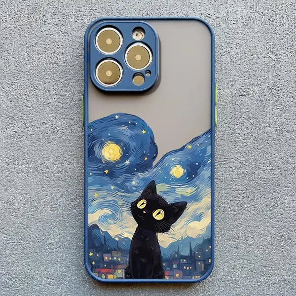 Black Cat Starry Night iPhone Case – Artistic Shockproof Cover for iPhone 14, 15, 16 Series | Soft Protective Shell