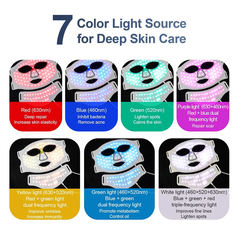 Silicone LED Face & Neck Mask – 7-Color Photon Light & Infrared Therapy, Flexible Wireless Facial Mask for Skin Repair & Rejuvenation