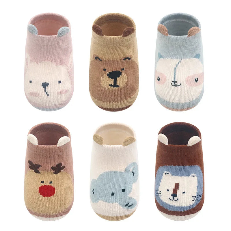 6 Pairs Kids Non-Slip Cotton Socks – Cartoon Animal Floor Socks for Boys & Girls | Breathable & Comfy Baby Footwear