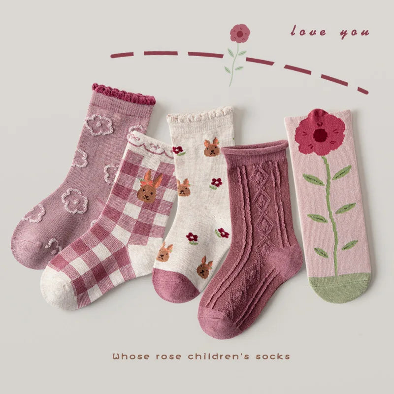 5 Pairs Autumn Socks Girls Floral Tulip Socks A Class Cotton Solid Socks Children Medium Length Spring Socks Baby Kids Socks