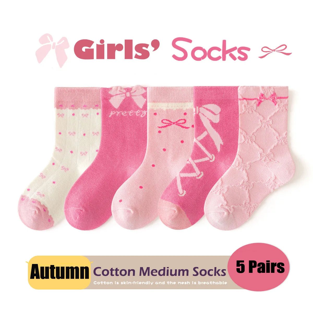 Spring Girls Socks Baby Sweet Rosy Bowknot Pattern Socks Cotton Socks Children Calf Socks Kids Socks 5 Pairs