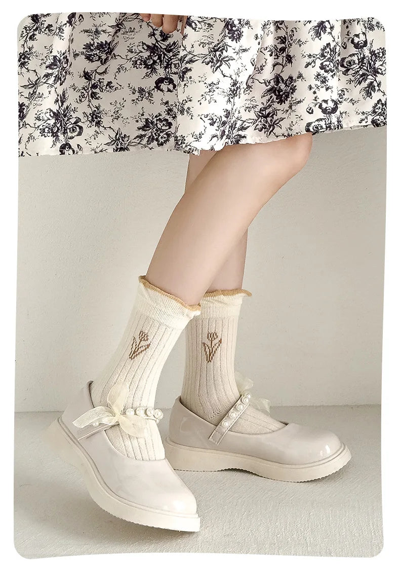 5 Pairs Autumn Socks Girls Floral Tulip Socks A Class Cotton Solid Socks Children Medium Length Spring Socks Baby Kids Socks