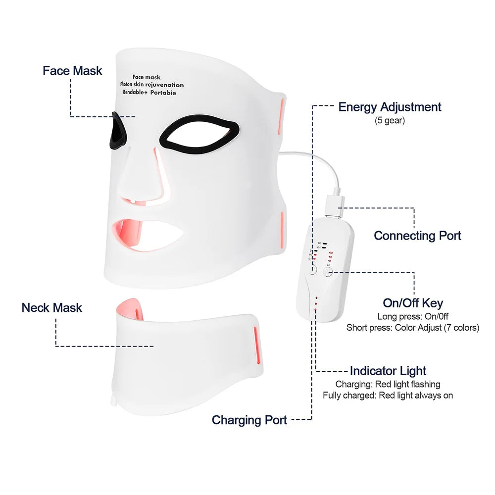 Silicone LED Face & Neck Mask – 7-Color Photon Light & Infrared Therapy, Flexible Wireless Facial Mask for Skin Repair & Rejuvenation