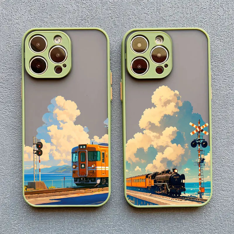 Landscape Cloud Tram Illustration iPhone Case – Soft Back Cover for iPhone 16 Pro Max, 15 Pro Max, 14 Pro Max