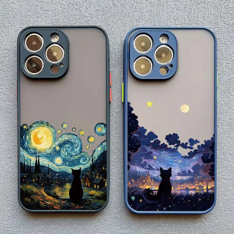 Black Cat Starry Night iPhone Case – Artistic Shockproof Cover for iPhone 14, 15, 16 Series | Soft Protective Shell
