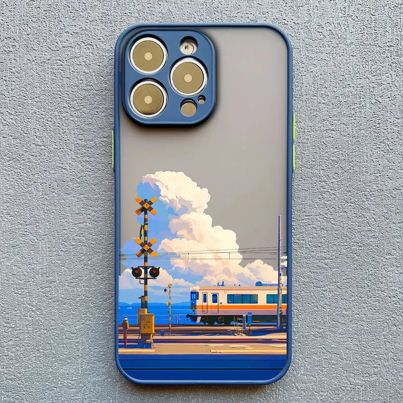 Landscape Cloud Tram Illustration iPhone Case – Soft Back Cover for iPhone 16 Pro Max, 15 Pro Max, 14 Pro Max