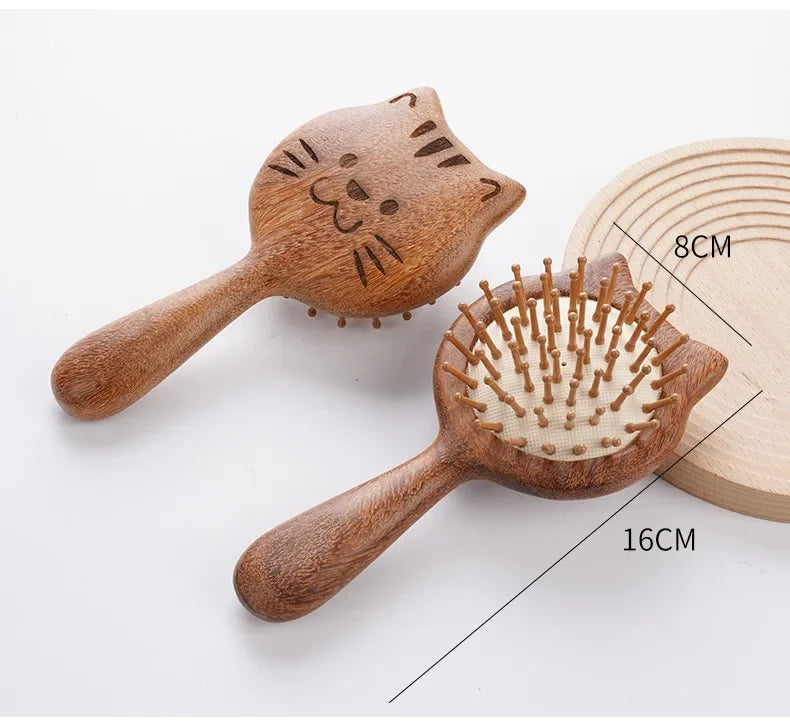 Cat Shaped Airbag Comb Golden Silk Sandalwood Handle round Handle Professional Hairdressing Salon Comb for Extensions And Wigs