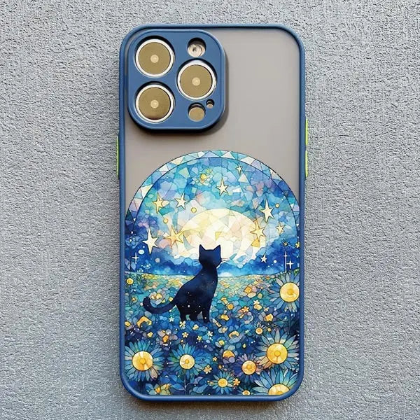 Black Cat Starry Night iPhone Case – Artistic Shockproof Cover for iPhone 14, 15, 16 Series | Soft Protective Shell
