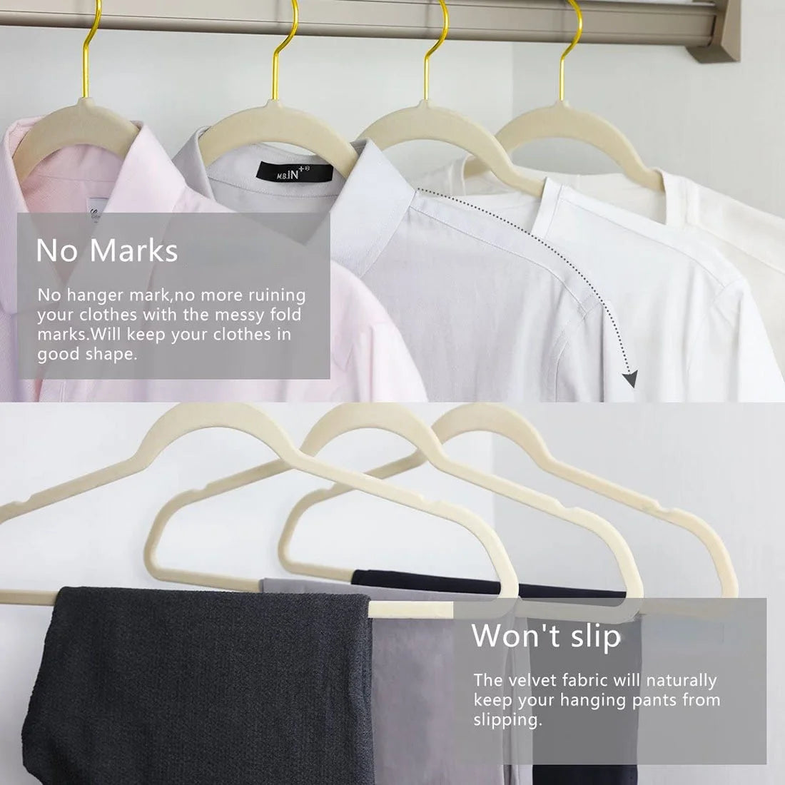 43cm Seamless Flocking Hangers with Golden Hook – Non-Slip Velvet Clothes Hangers for Dry & Wet Use, Adult Wardrobe & Closet Storage