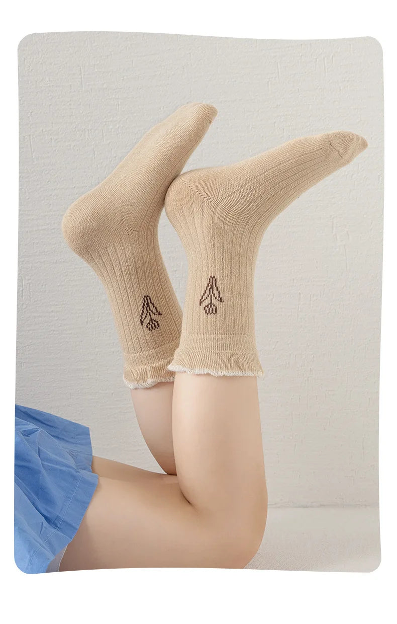 5 Pairs Autumn Socks Girls Floral Tulip Socks A Class Cotton Solid Socks Children Medium Length Spring Socks Baby Kids Socks