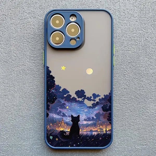 Black Cat Starry Night iPhone Case – Artistic Shockproof Cover for iPhone 14, 15, 16 Series | Soft Protective Shell