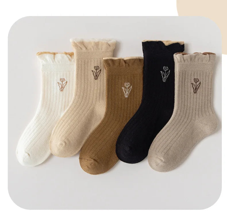 5 Pairs Autumn Socks Girls Floral Tulip Socks A Class Cotton Solid Socks Children Medium Length Spring Socks Baby Kids Socks