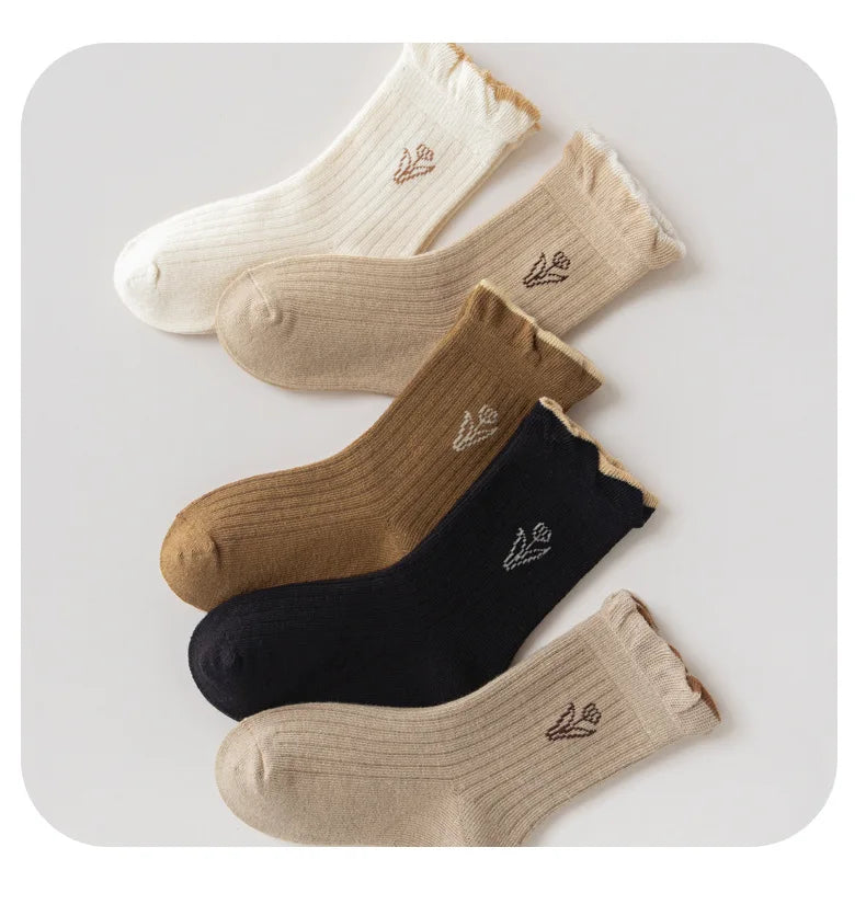 5 Pairs Autumn Socks Girls Floral Tulip Socks A Class Cotton Solid Socks Children Medium Length Spring Socks Baby Kids Socks