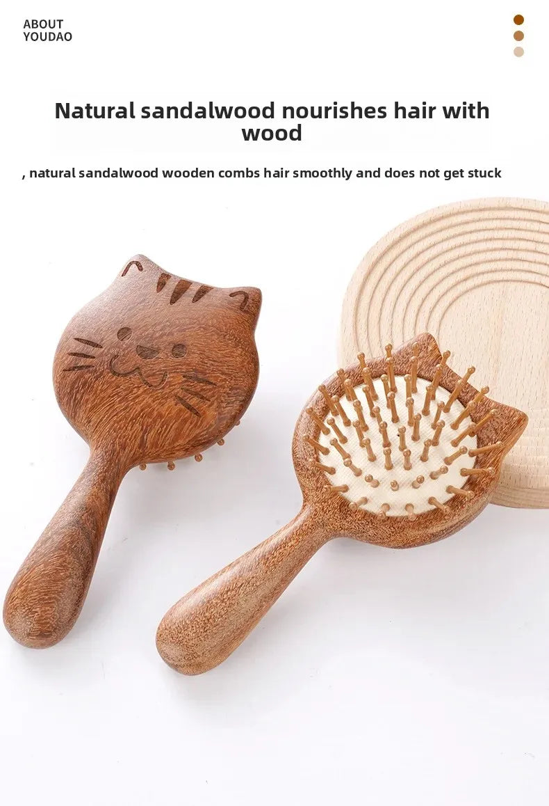 Cat Shaped Airbag Comb Golden Silk Sandalwood Handle round Handle Professional Hairdressing Salon Comb for Extensions And Wigs