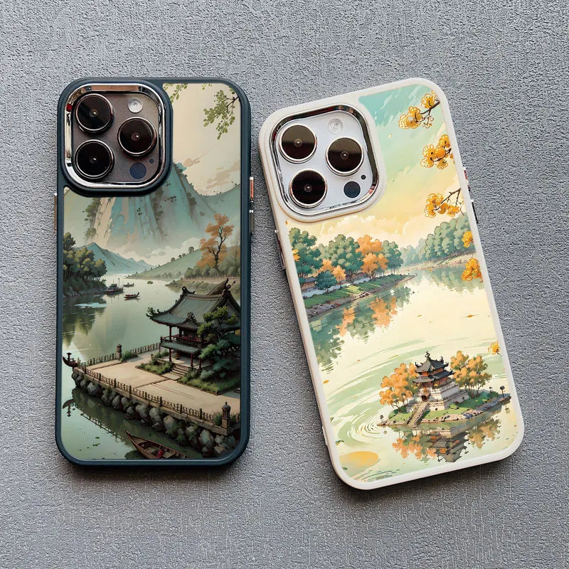 Mountain Peak Lake Vintage Silicone iPhone Case – Soft Protective Back Cover for iPhone 15 & 16 Series