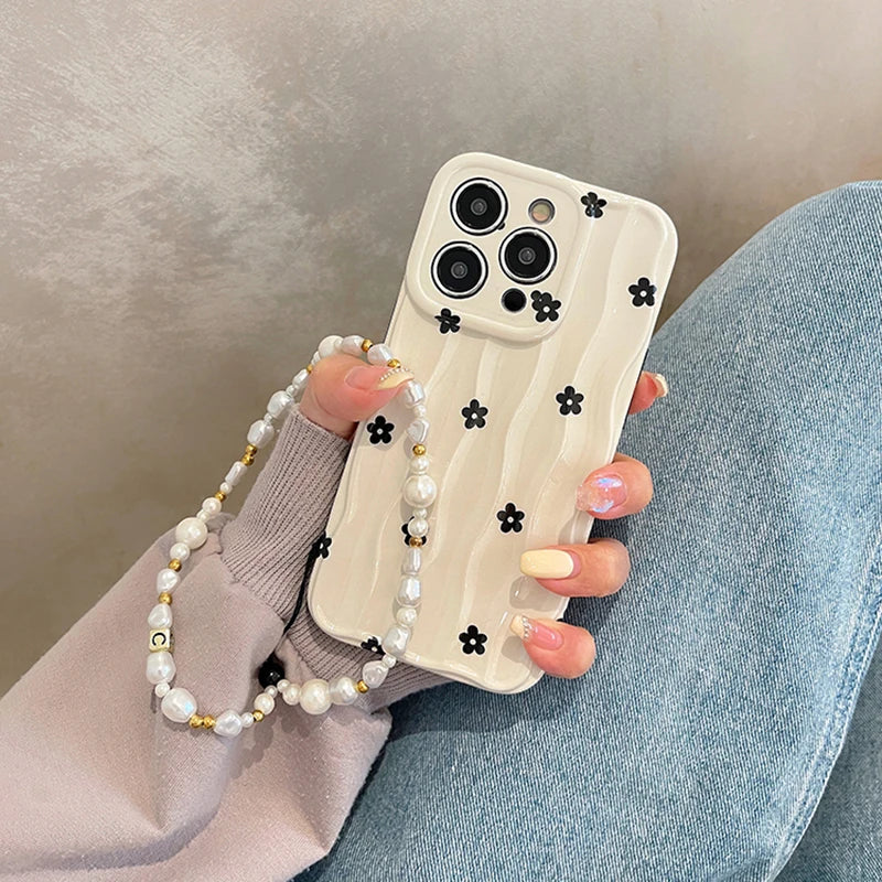 Black Floral 3D Wave iPhone Case – Soft Silicone White Bumper Cover for iPhone 13, 14, 15, 16, 11 Pro Max
