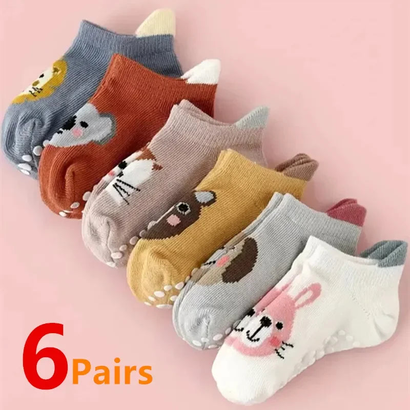 6 Pairs Baby Cotton Socks (0–5Y) – Soft Non-Slip Cartoon Socks for Newborns, Toddlers, Boys & Girls