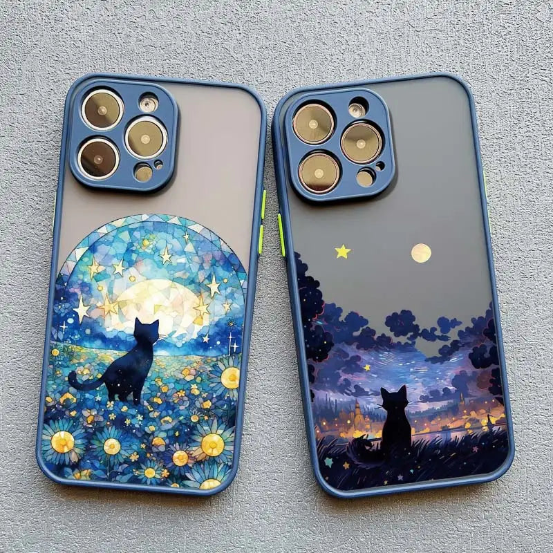 Black Cat Starry Night iPhone Case – Artistic Shockproof Cover for iPhone 14, 15, 16 Series | Soft Protective Shell