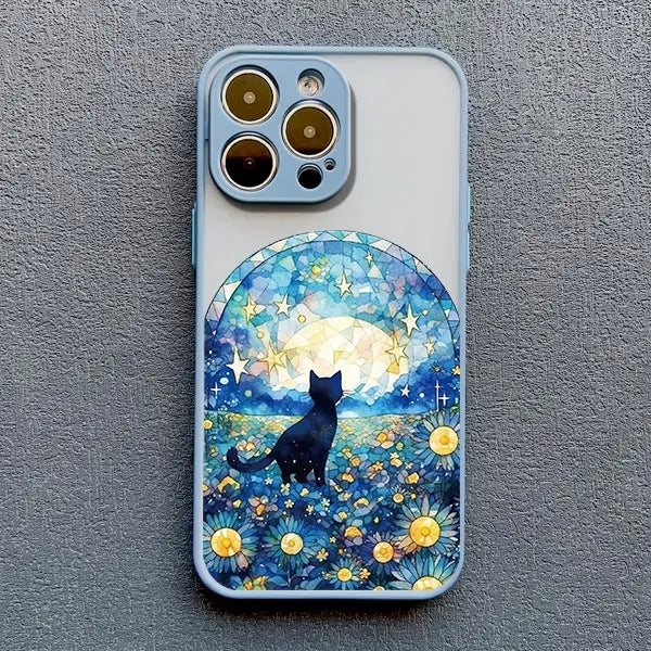 Black Cat Starry Night iPhone Case – Artistic Shockproof Cover for iPhone 14, 15, 16 Series | Soft Protective Shell