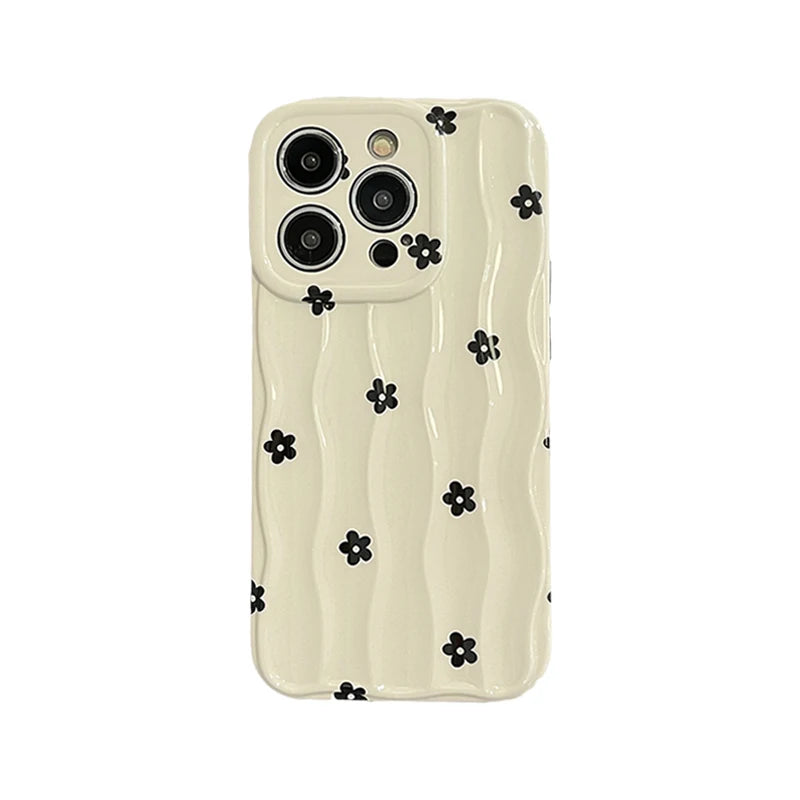 Black Floral 3D Wave iPhone Case – Soft Silicone White Bumper Cover for iPhone 13, 14, 15, 16, 11 Pro Max