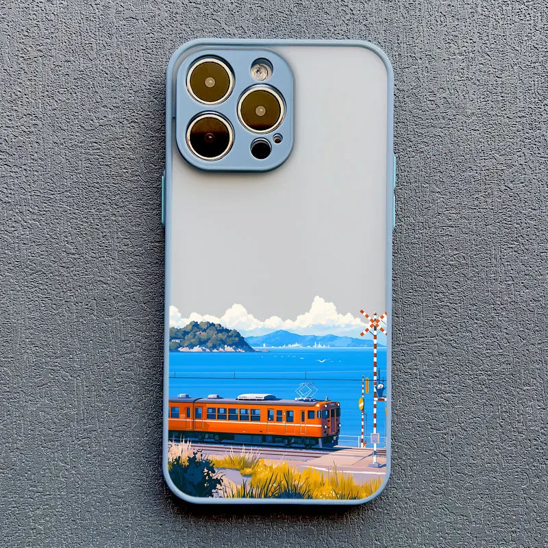 Landscape Cloud Tram Illustration iPhone Case – Soft Back Cover for iPhone 16 Pro Max, 15 Pro Max, 14 Pro Max