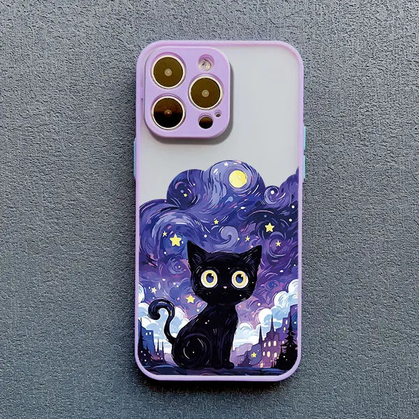Black Cat Starry Night iPhone Case – Artistic Shockproof Cover for iPhone 14, 15, 16 Series | Soft Protective Shell