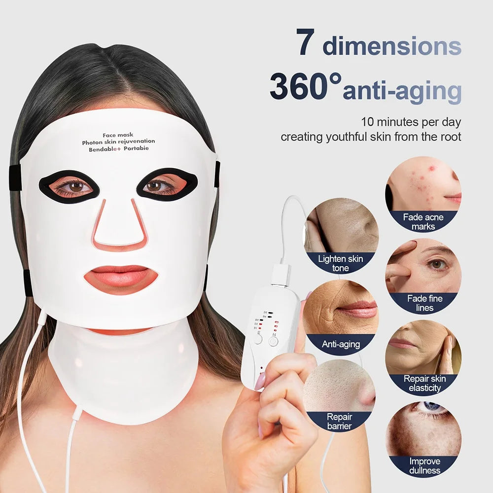 Silicone LED Face & Neck Mask – 7-Color Photon Light & Infrared Therapy, Flexible Wireless Facial Mask for Skin Repair & Rejuvenation