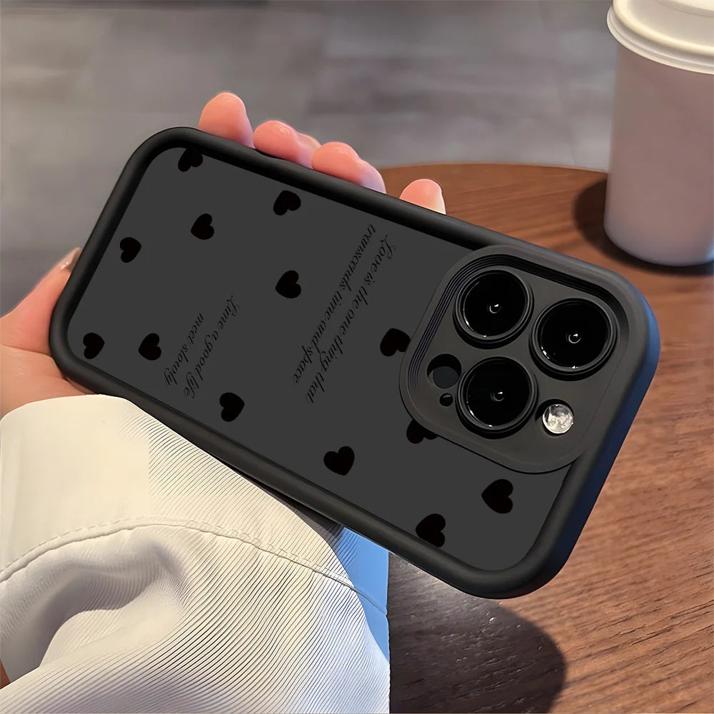 Luxury Black Love Heart Case for Xiaomi Redmi – Full Screen Soft Cover for Note 14, 13, 12, 11 Pro Plus, 5G, 12S, 11S, 10S, 14C, 13C, 12C