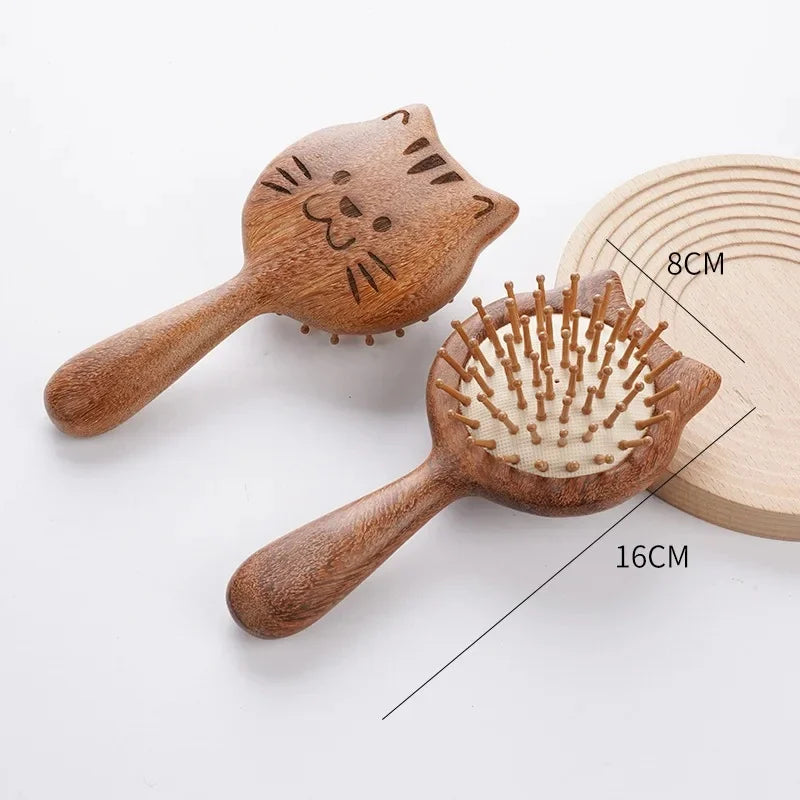 Cat Shaped Airbag Comb Golden Silk Sandalwood Handle round Handle Professional Hairdressing Salon Comb for Extensions And Wigs