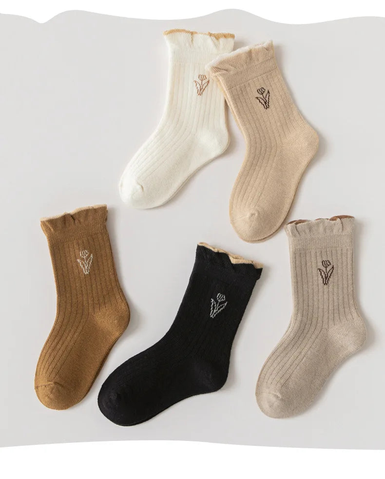 5 Pairs Autumn Socks Girls Floral Tulip Socks A Class Cotton Solid Socks Children Medium Length Spring Socks Baby Kids Socks