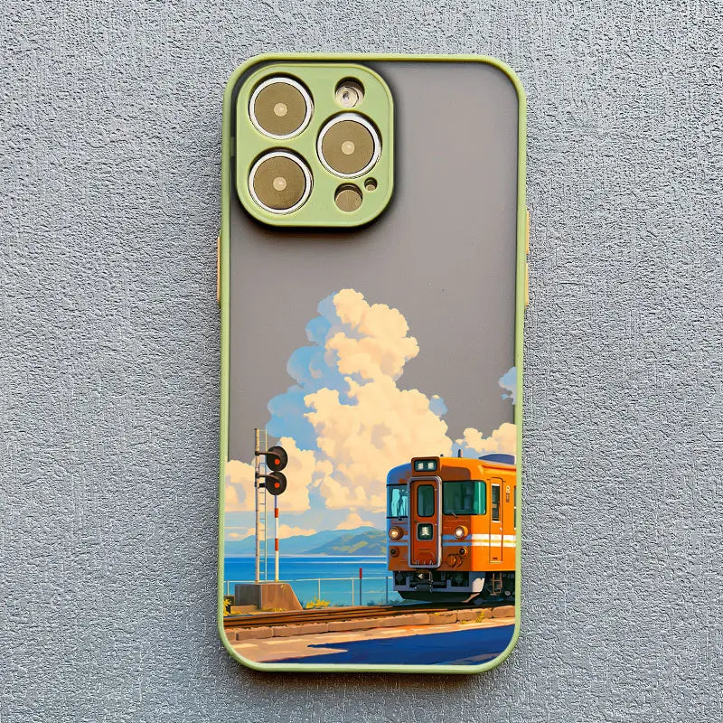Landscape Cloud Tram Illustration iPhone Case – Soft Back Cover for iPhone 16 Pro Max, 15 Pro Max, 14 Pro Max