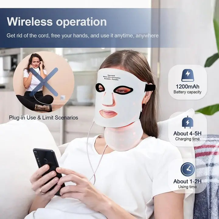 Silicone LED Face & Neck Mask – 7-Color Photon Light & Infrared Therapy, Flexible Wireless Facial Mask for Skin Repair & Rejuvenation