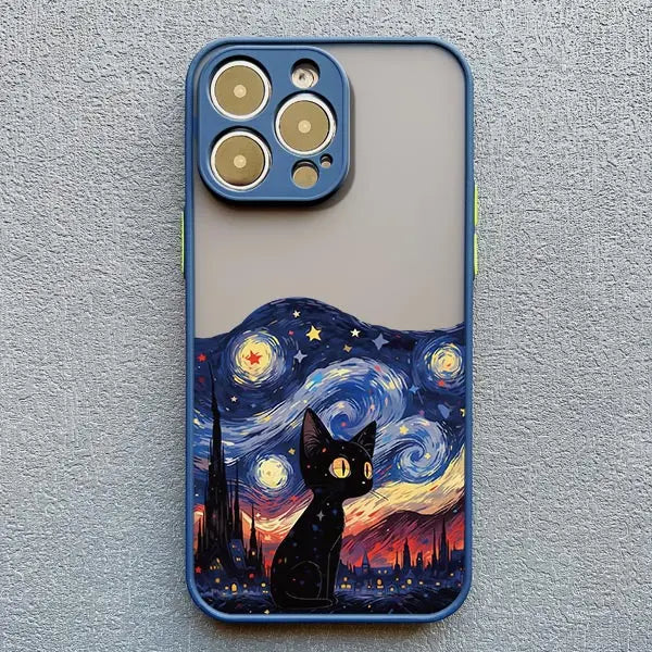 Black Cat Starry Night iPhone Case – Artistic Shockproof Cover for iPhone 14, 15, 16 Series | Soft Protective Shell