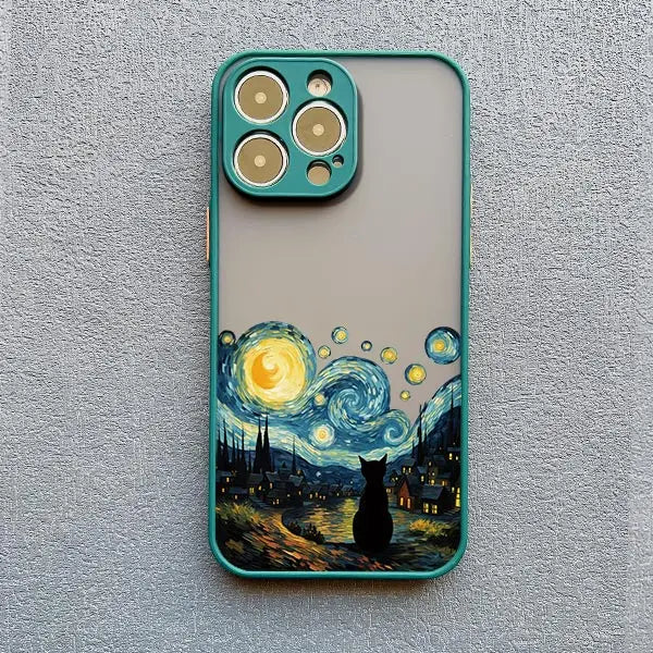 Black Cat Starry Night iPhone Case – Artistic Shockproof Cover for iPhone 14, 15, 16 Series | Soft Protective Shell