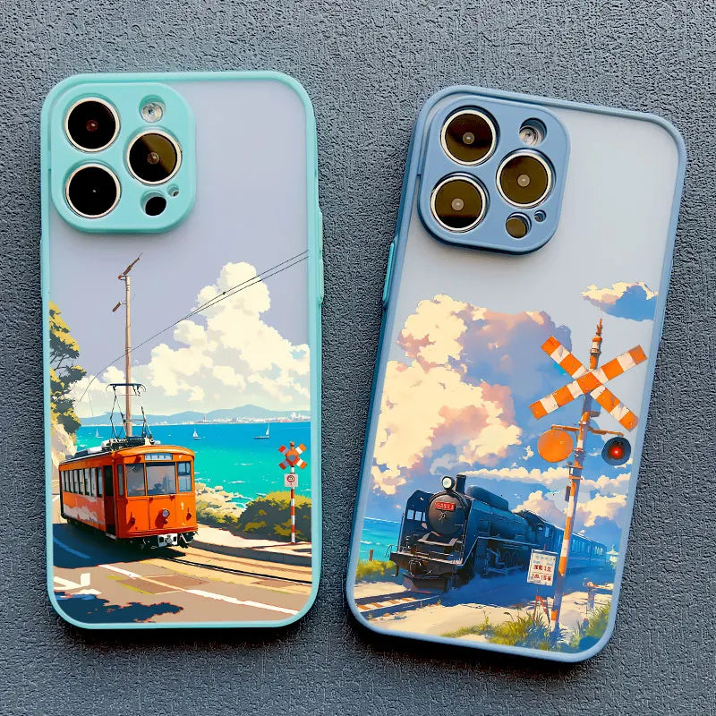 Landscape Cloud Tram Illustration iPhone Case – Soft Back Cover for iPhone 16 Pro Max, 15 Pro Max, 14 Pro Max