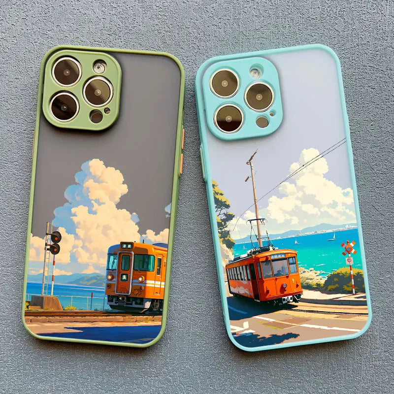 Landscape Cloud Tram Illustration iPhone Case – Soft Back Cover for iPhone 16 Pro Max, 15 Pro Max, 14 Pro Max
